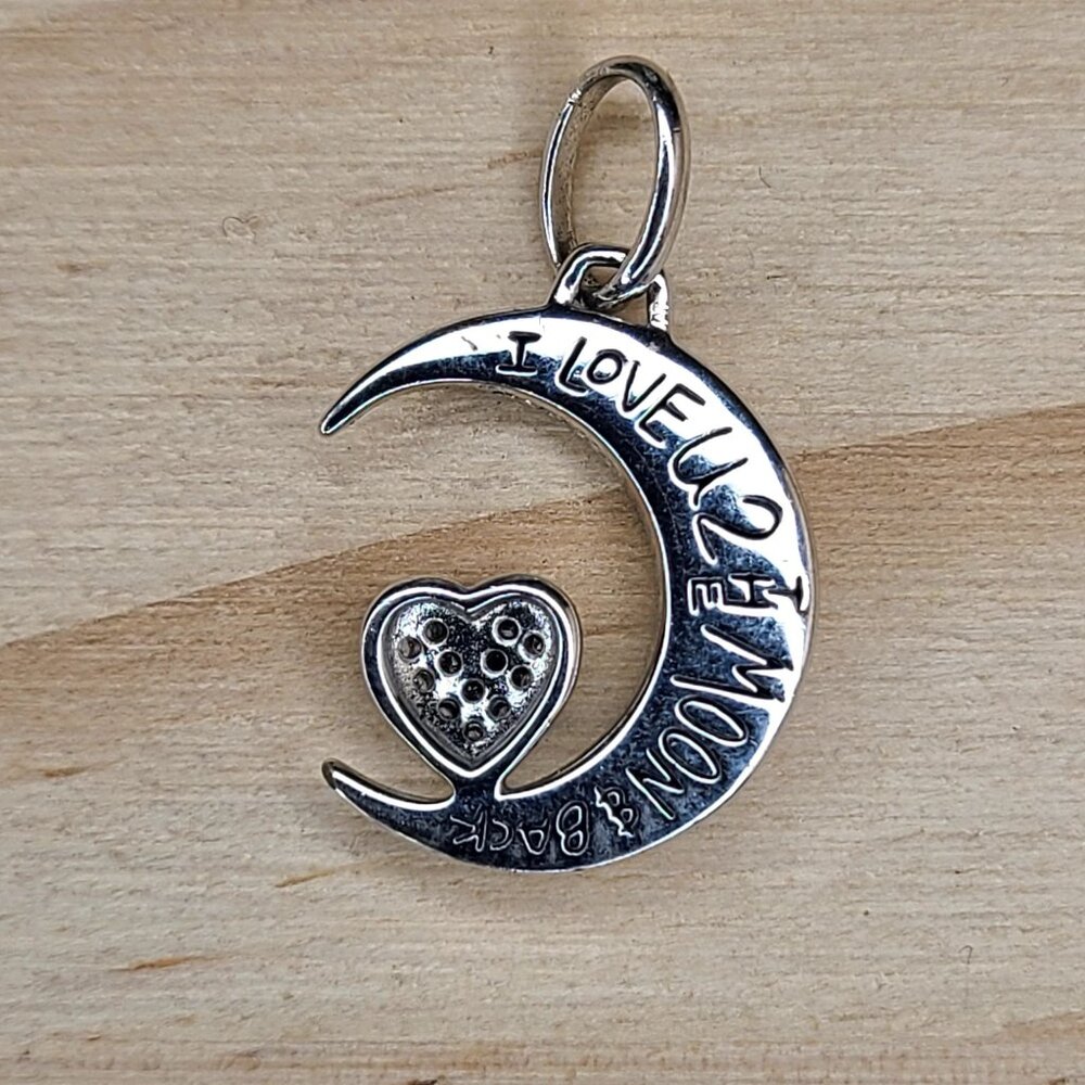 Sterling Silver Moon Heart Pendant Charm "I Love U 2 The Moon & Back" Vtg 1" - Picture 2 of 7